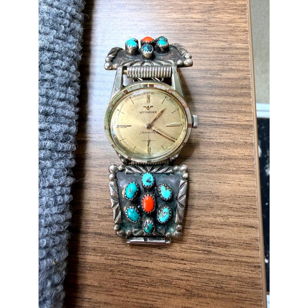 Vintage Wittnauer Automatic Watch Turquoise Coral Southwestern Silver Tone Mens